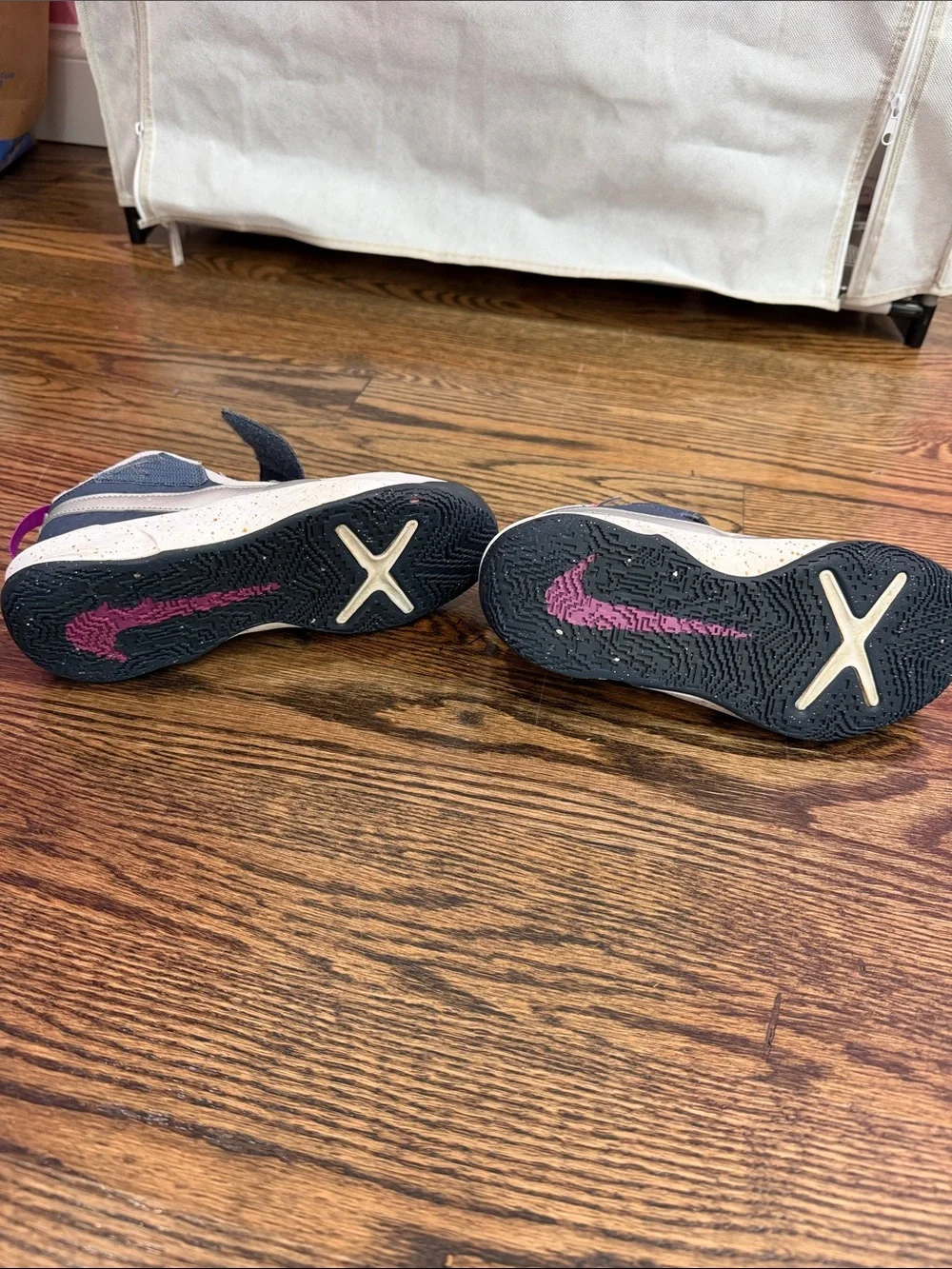 Nike Kids Light Pink and Navy Velcro Sneakers with Silver Swoosh